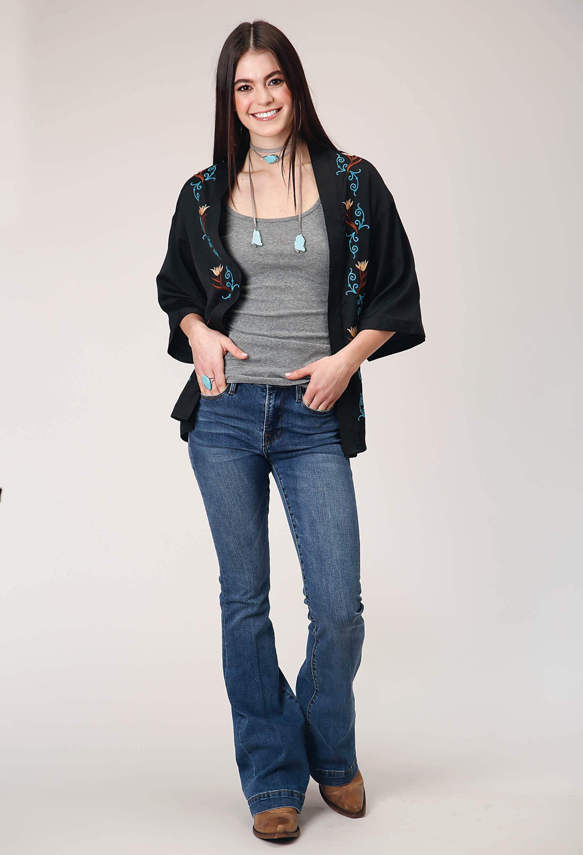 Roper Womens Long Sleeve Pullover Black Poly American Crepe Cardigan With Waist Length Embroidery - Roper - Flyclothing LLC