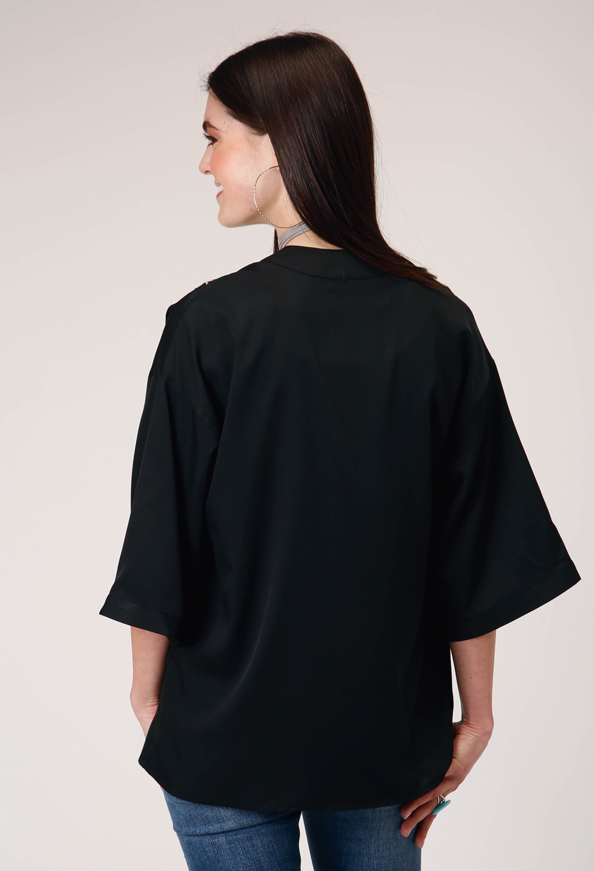 Roper Womens Long Sleeve Pullover Black Poly American Crepe Cardigan With Waist Length Embroidery - Roper