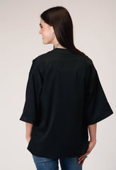 Roper Womens Long Sleeve Pullover Black Poly American Crepe Cardigan With Waist Length Embroidery - Roper