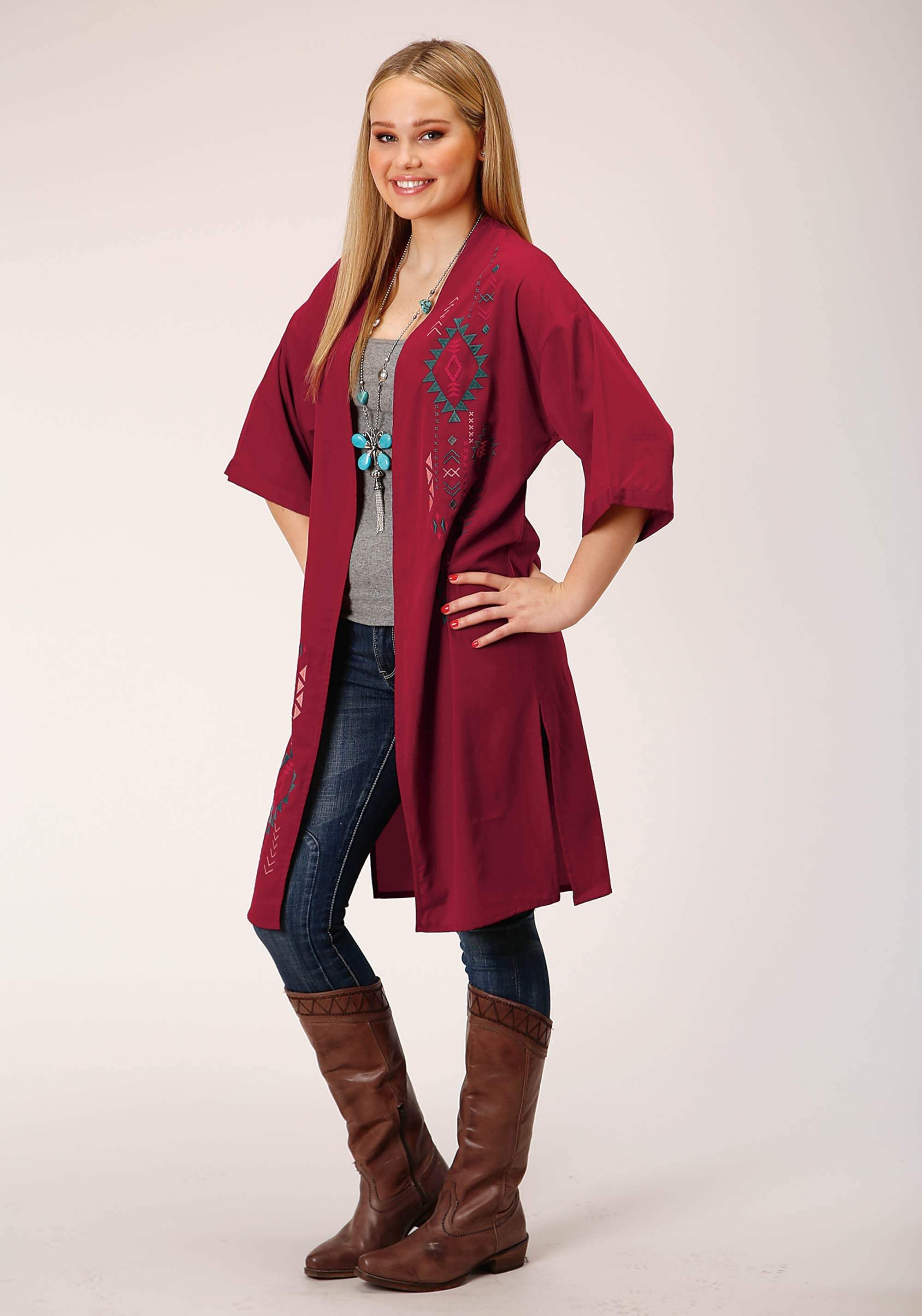 Roper Womens Solid Poly Wine Short Sleeve Cardigan - Roper - Flyclothing LLC