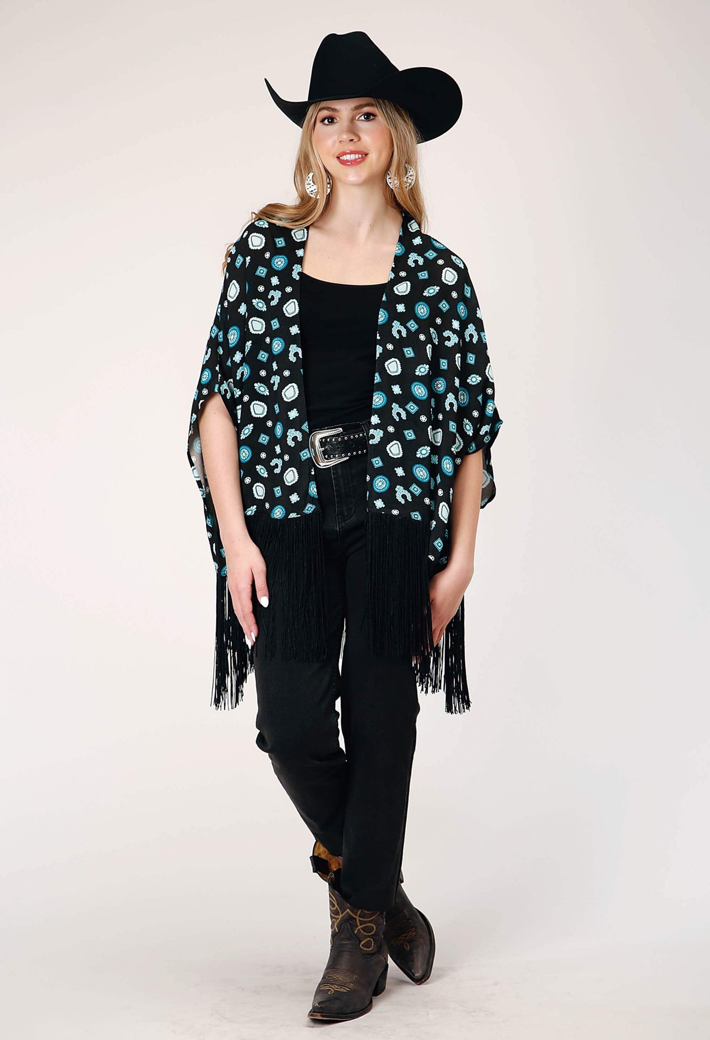 Roper Womens Sleeveless Pullover Jewelry Print Cardigan With Extra Long Poly Fringe Trim - Roper - Flyclothing LLC