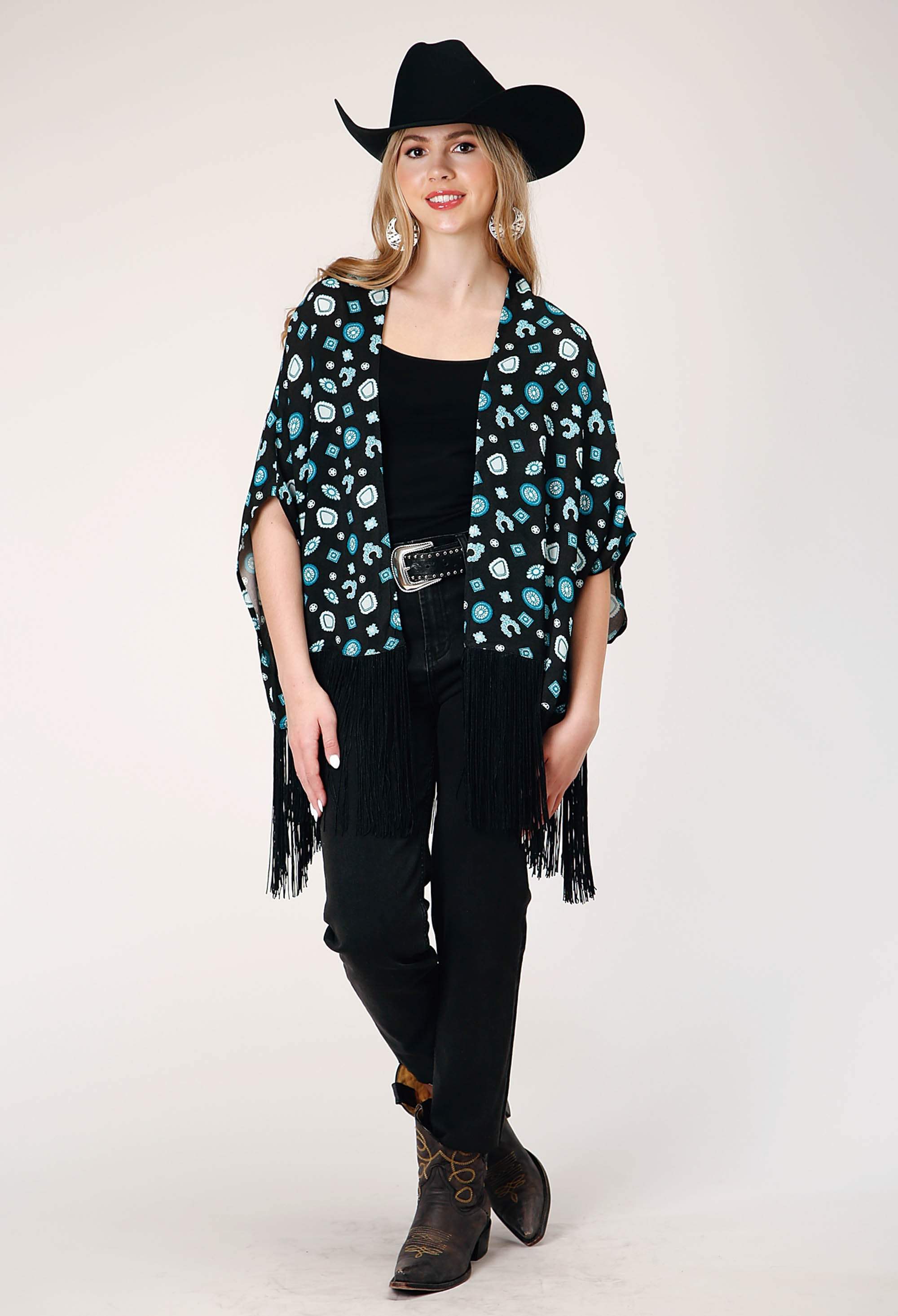 Roper Womens Sleeveless Pullover Jewelry Print Cardigan With Extra Long Poly Fringe Trim - Roper - Flyclothing LLC
