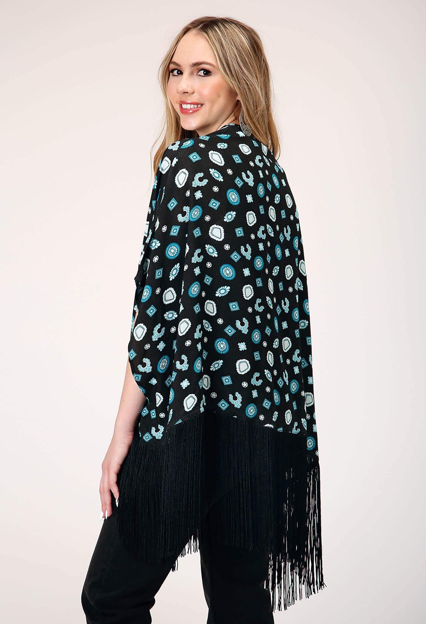 Roper Womens Sleeveless Pullover Jewelry Print Cardigan With Extra Long Poly Fringe Trim - Roper - Flyclothing LLC