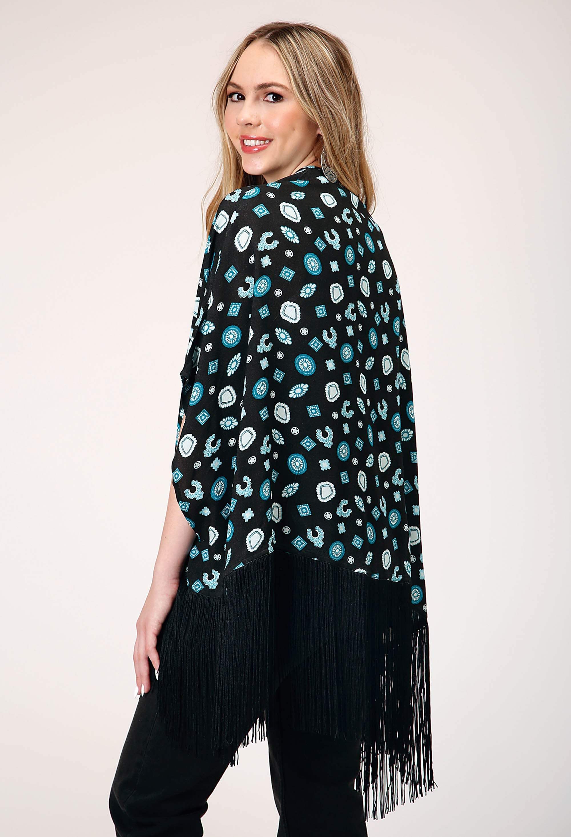 Roper Womens Sleeveless Pullover Jewelry Print Cardigan With Extra Long Poly Fringe Trim - Roper - Flyclothing LLC