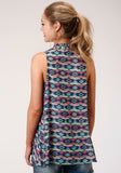 Roper Womens Navy Blue Red And Turquoise Aztec Print Sleeveless Cardigan - Roper