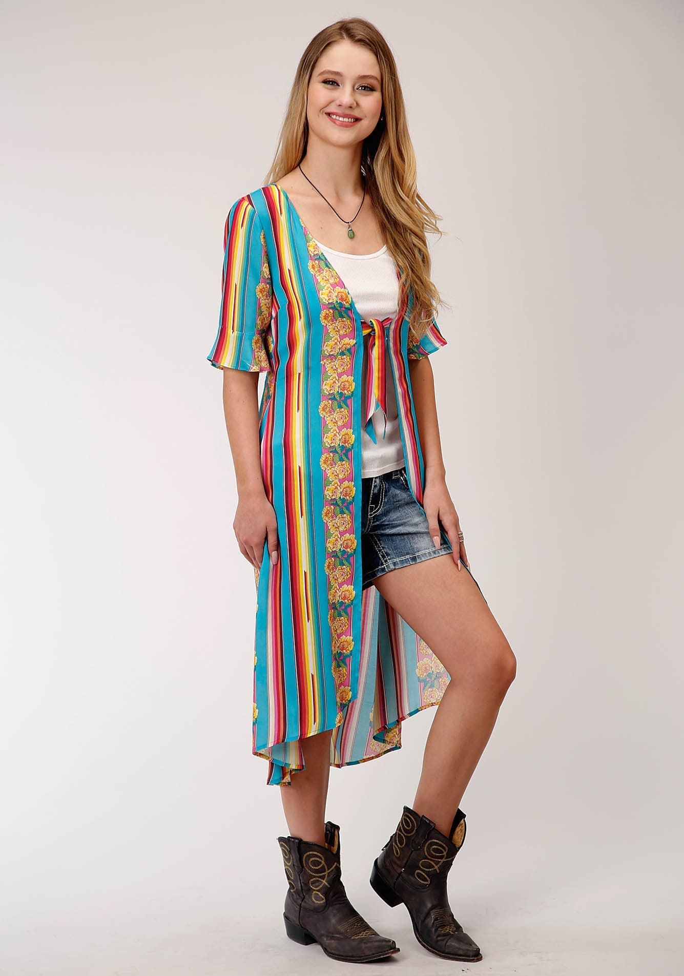 Roper Womens Blue Yellow And Red Serape Print Short Sleeve Cardigan - Roper