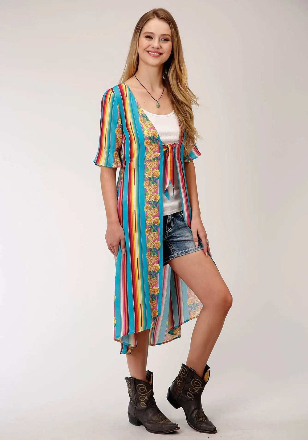 Roper Womens Blue Yellow And Red Serape Print Short Sleeve Cardigan - Roper - Flyclothing LLC