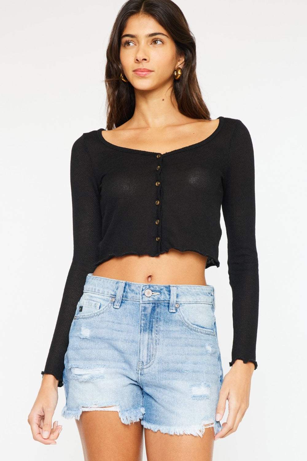 Kancan High Waist Frayed Denim Shorts - Trendsi - Flyclothing LLC