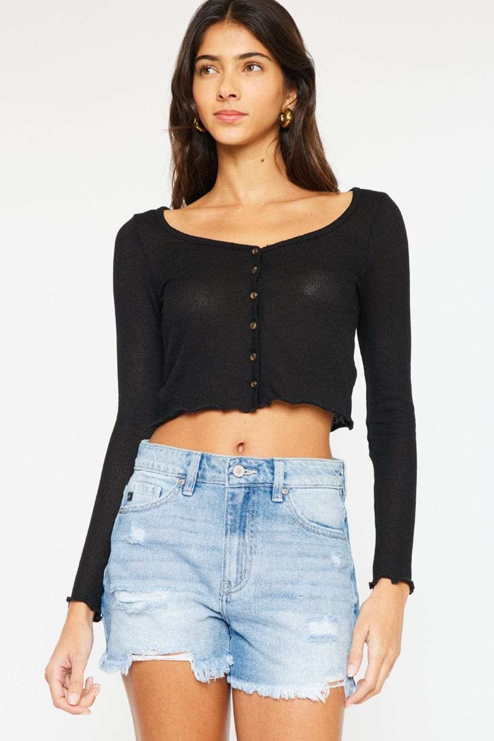 Kancan High Waist Frayed Denim Shorts - Trendsi - Flyclothing LLC