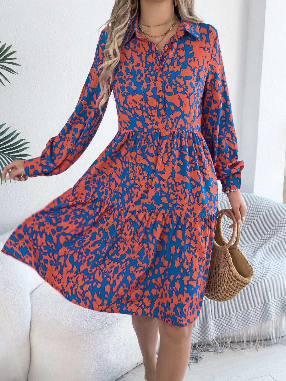 Printed Collared Neck Long Sleeve Dress - Trendsi - Flyclothing LLC