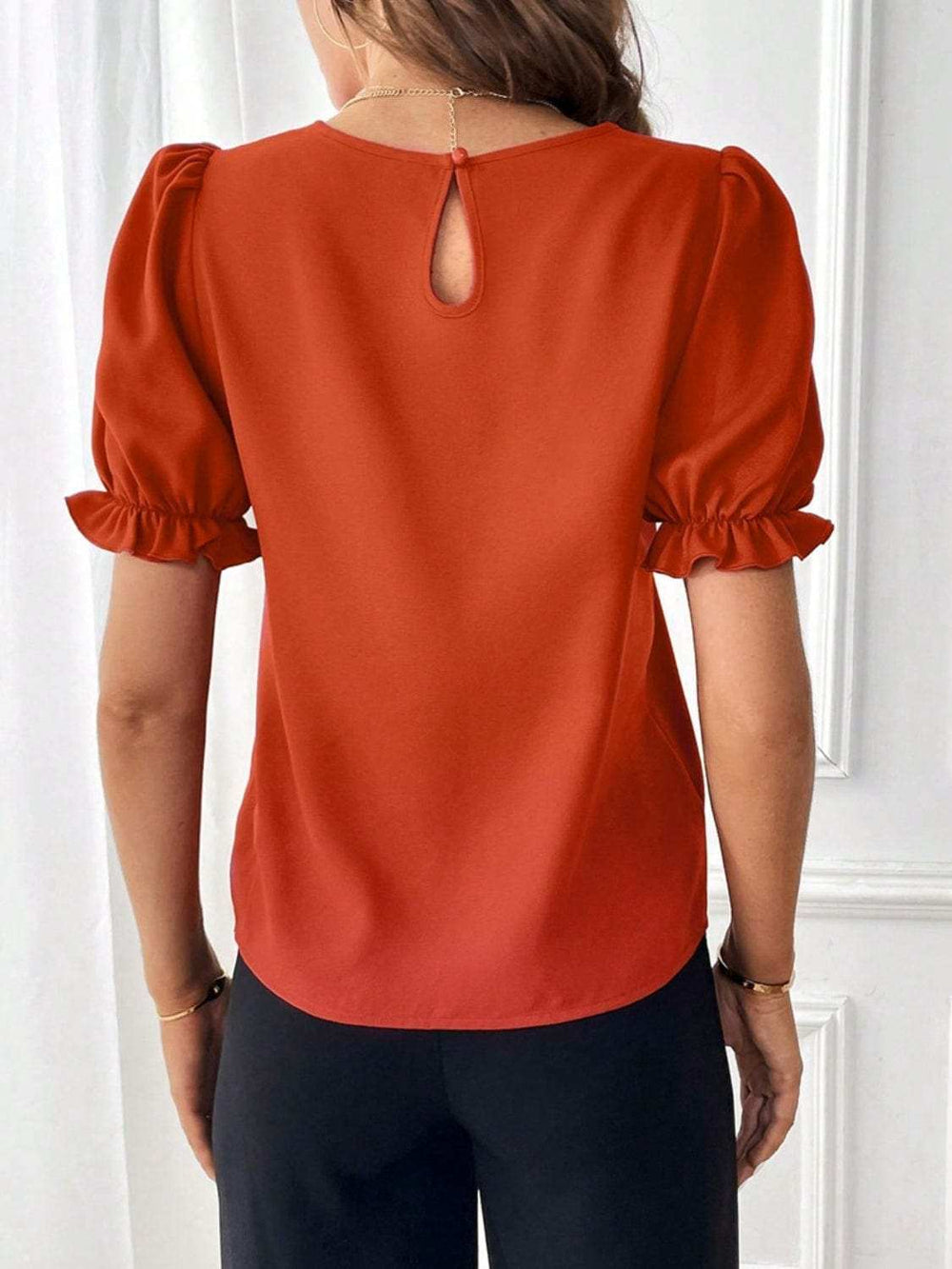 Round Neck Flounce Sleeve Blouse - Trendsi - Flyclothing LLC