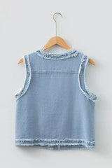 Frayed Edge Flap Pockets Denim Vest Jacket - Trendsi - Flyclothing LLC