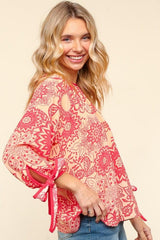 Haptics Ribbon Bow Detail Floral Round Neck Blouse - Trendsi