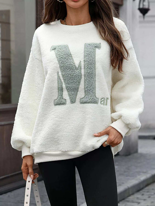 Letter Round Neck Fleece Sweatshirt - Trendsi - Flyclothing LLC