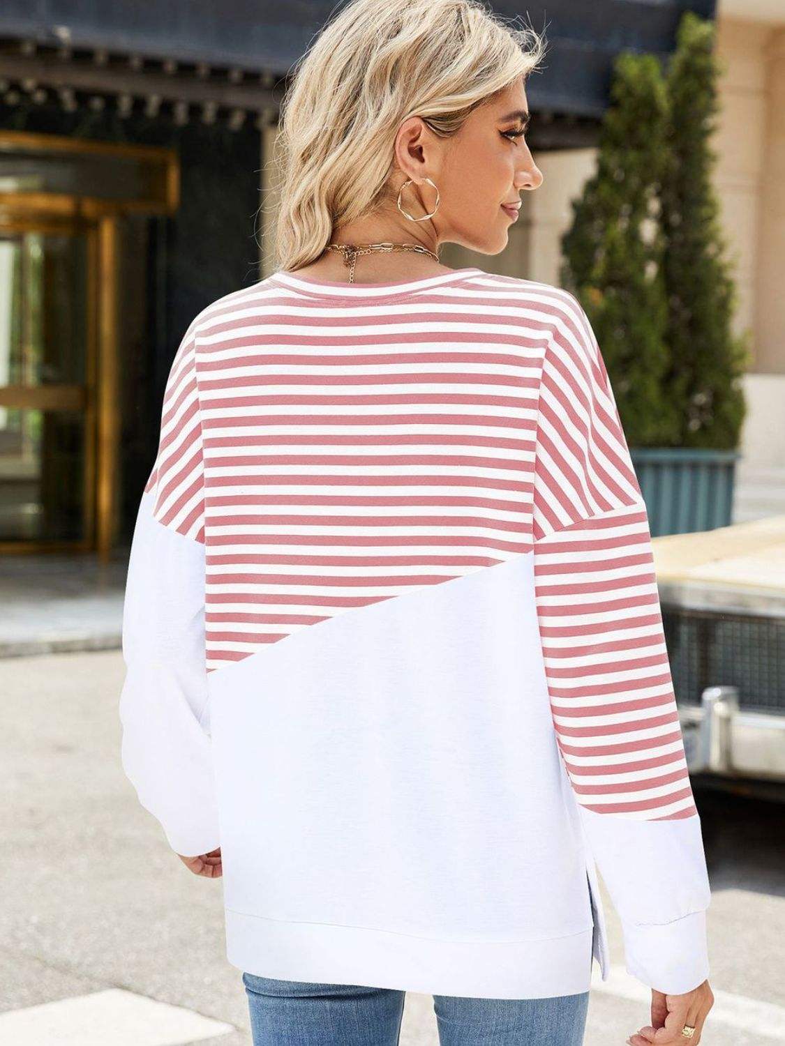 Slit Contrast Striped Long Sleeve Sweatshirt - Trendsi - Flyclothing LLC