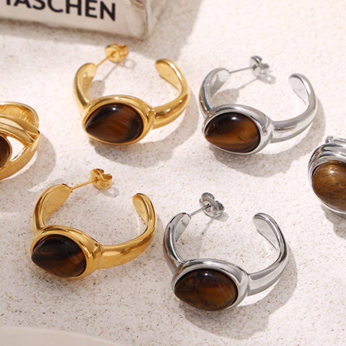 Stainless Steel Natural Tiger's Eye C-Hoop Earrings - Trendsi - Flyclothing LLC