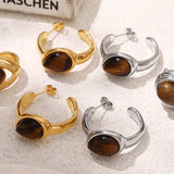Stainless Steel Natural Tiger's Eye C-Hoop Earrings - Trendsi - Flyclothing LLC
