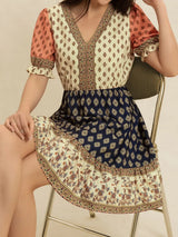 Printed V-Neck Short Sleeve Dress - Trendsi - Flyclothing LLC