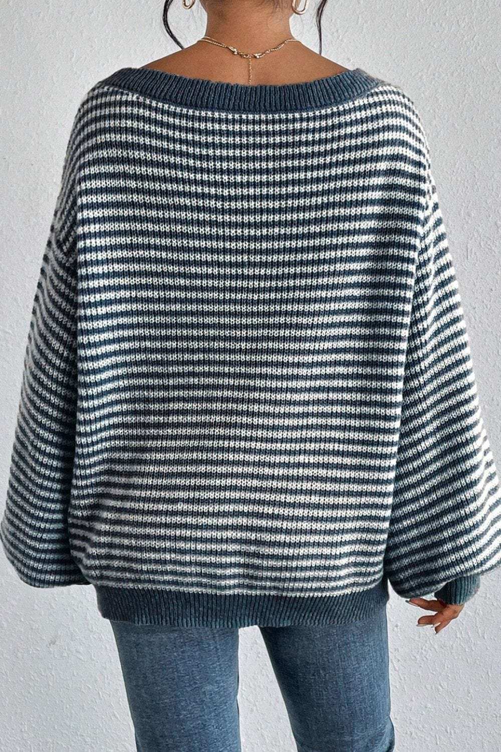 Striped Boat Neck Long Sleeve Sweater - Trendsi - Flyclothing LLC