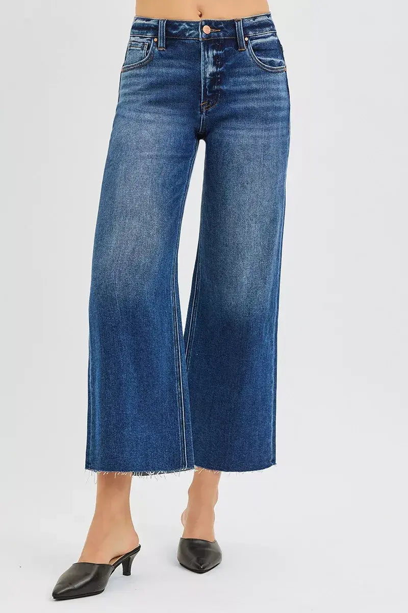 RISEN Full Size Mid Rise Crop Wide Raw Cut Hem Jeans Plus Size - Trendsi - Flyclothing LLC