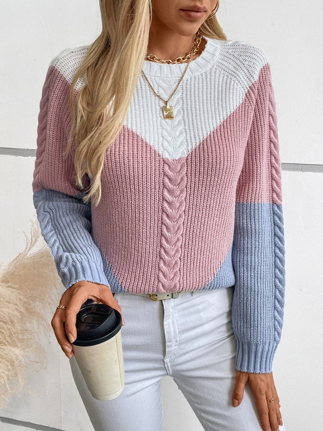 Color Block Round Neck Long Sleeve Sweater - Trendsi