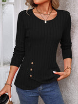Decorative Button Round Neck Long Sleeve T-Shirt - Trendsi - Flyclothing LLC