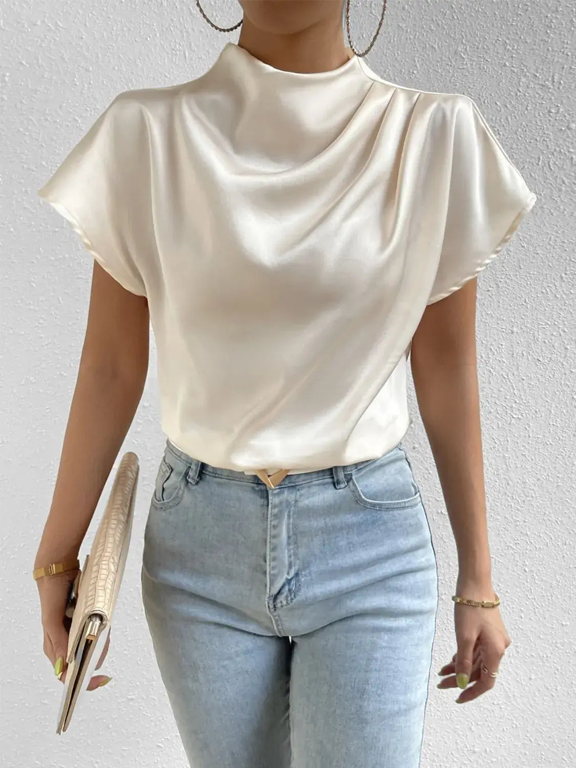 Mock Neck Short Sleeve Blouse - Trendsi - Flyclothing LLC