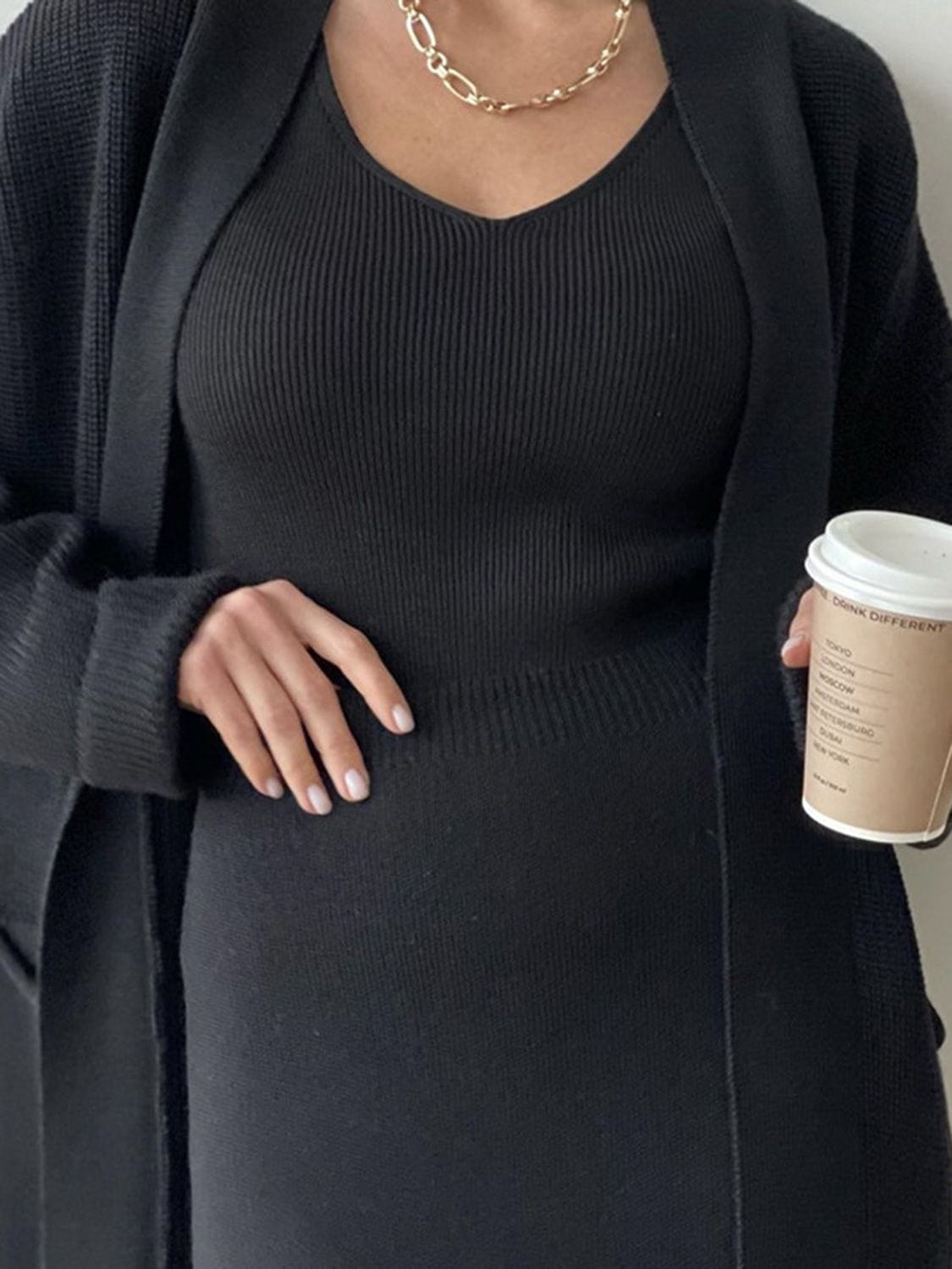 Pocketed Long Sleeve Cardigan and Skirt Sweater Set - Trendsi