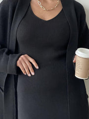 Pocketed Long Sleeve Cardigan and Skirt Sweater Set - Trendsi