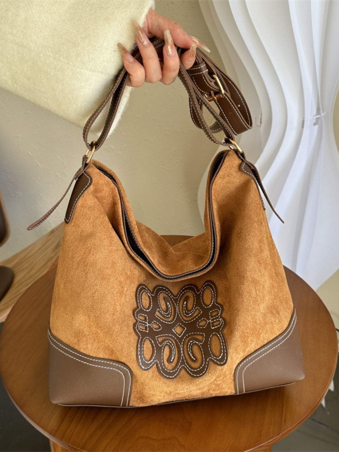 Suede Patch Adjustable Strap Tote Bag - Trendsi - Flyclothing LLC