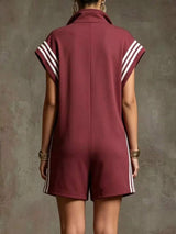 Striped Zip Front Short Sleeve Romper - Trendsi - Flyclothing LLC