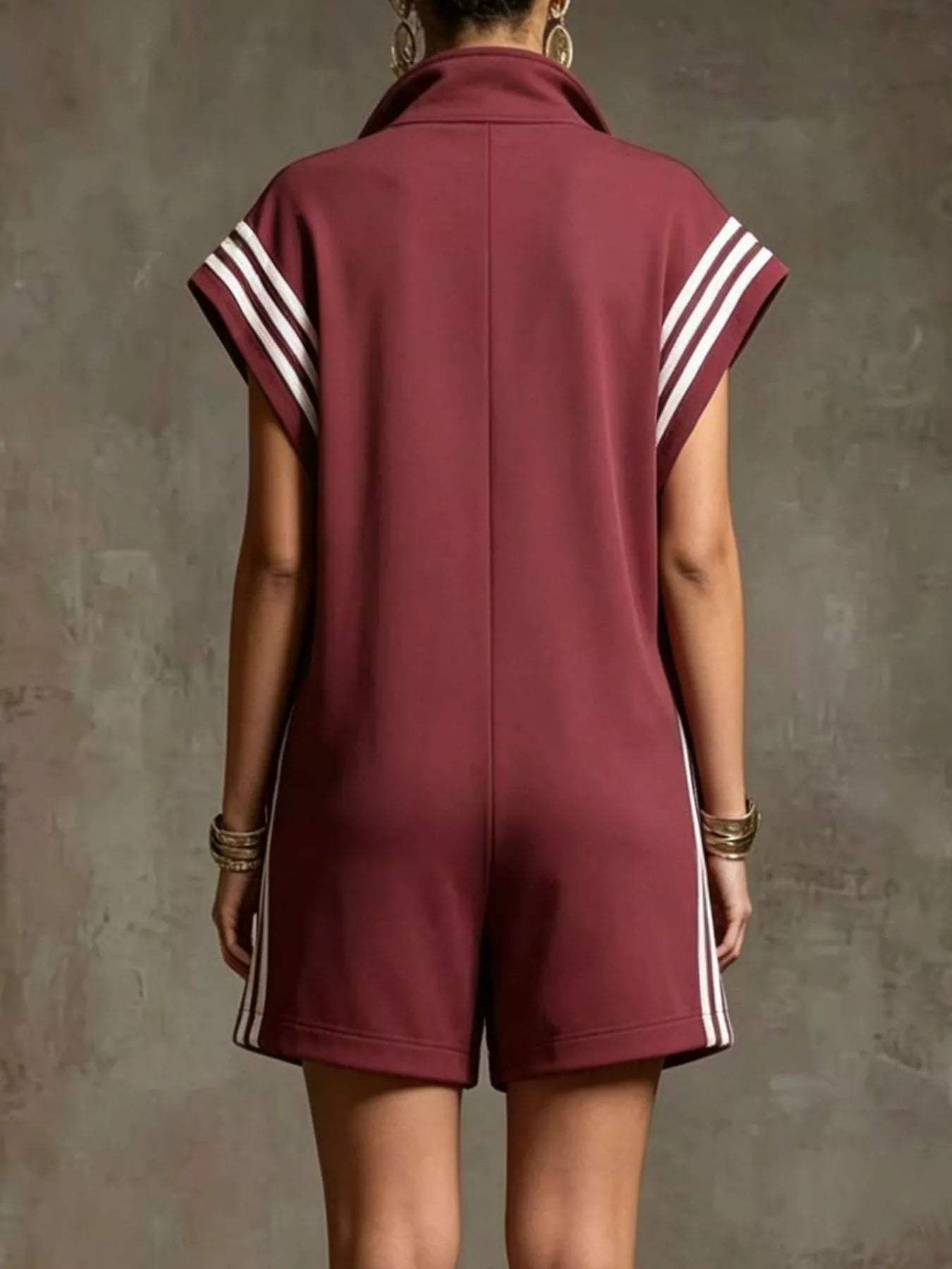 Striped Zip Front Short Sleeve Romper - Trendsi - Flyclothing LLC