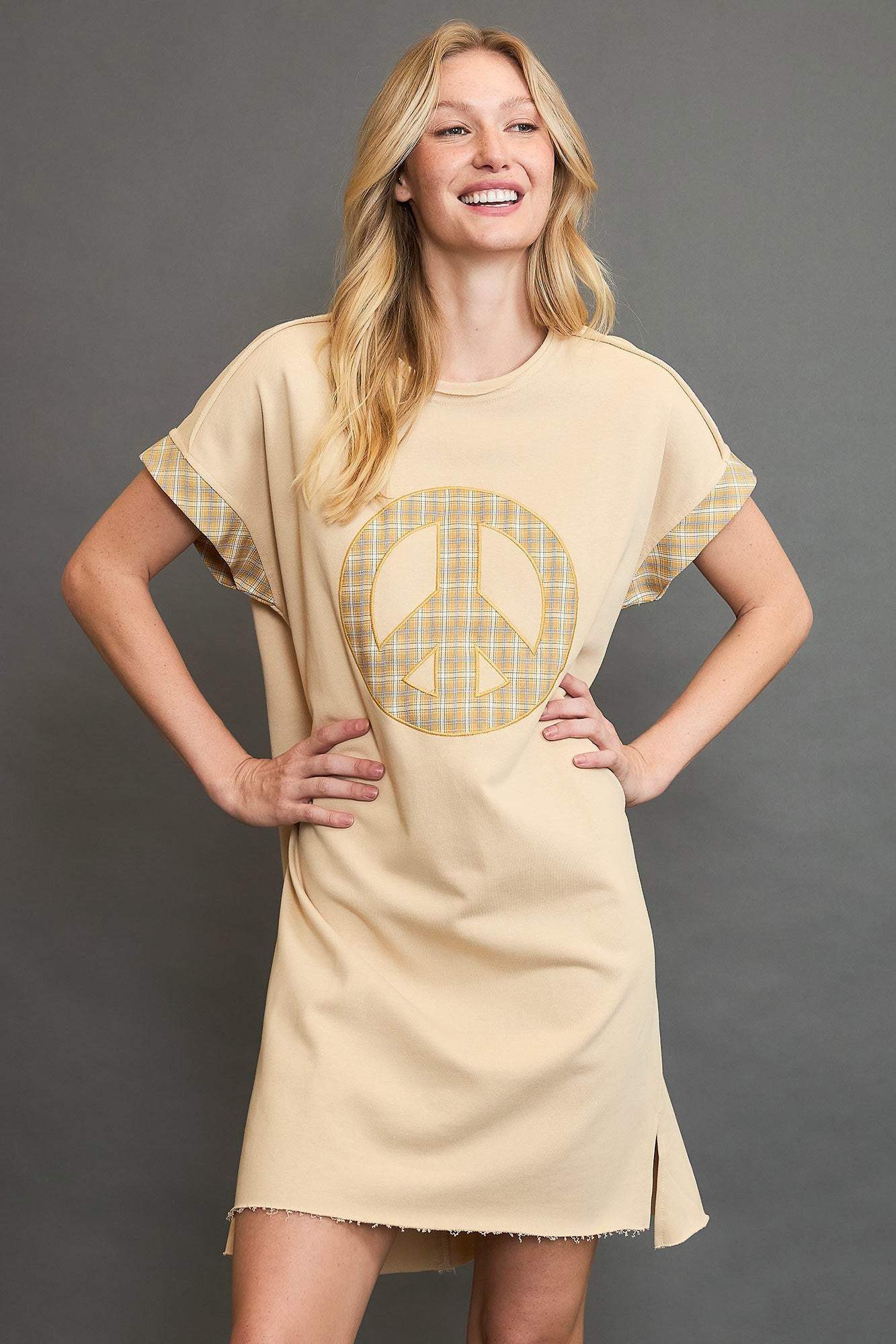 Umgee Peace Plaid Applique Short Sleeve Mini Dress - Trendsi - Flyclothing LLC