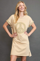 Umgee Peace Plaid Applique Short Sleeve Mini Dress - Trendsi - Flyclothing LLC