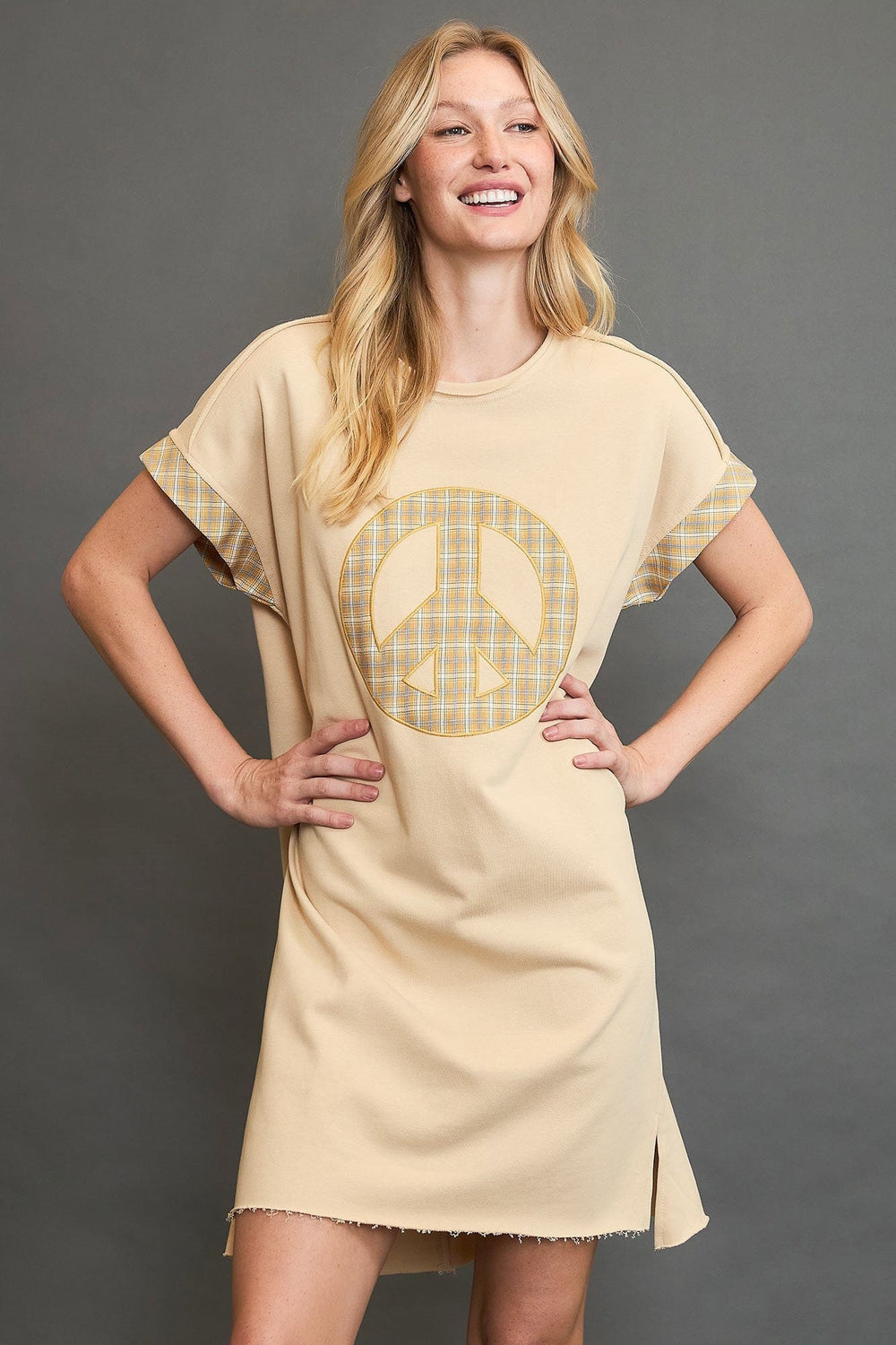 Umgee Peace Plaid Applique Short Sleeve Mini Dress - Trendsi