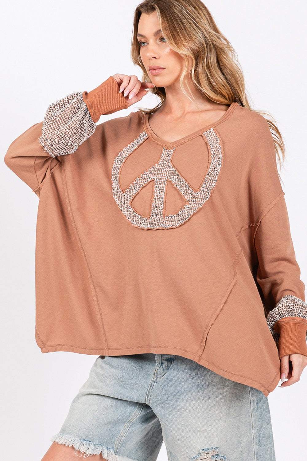 SAGE + FIG Peace Sign Mineral Wash Terry Top - Trendsi - Flyclothing LLC