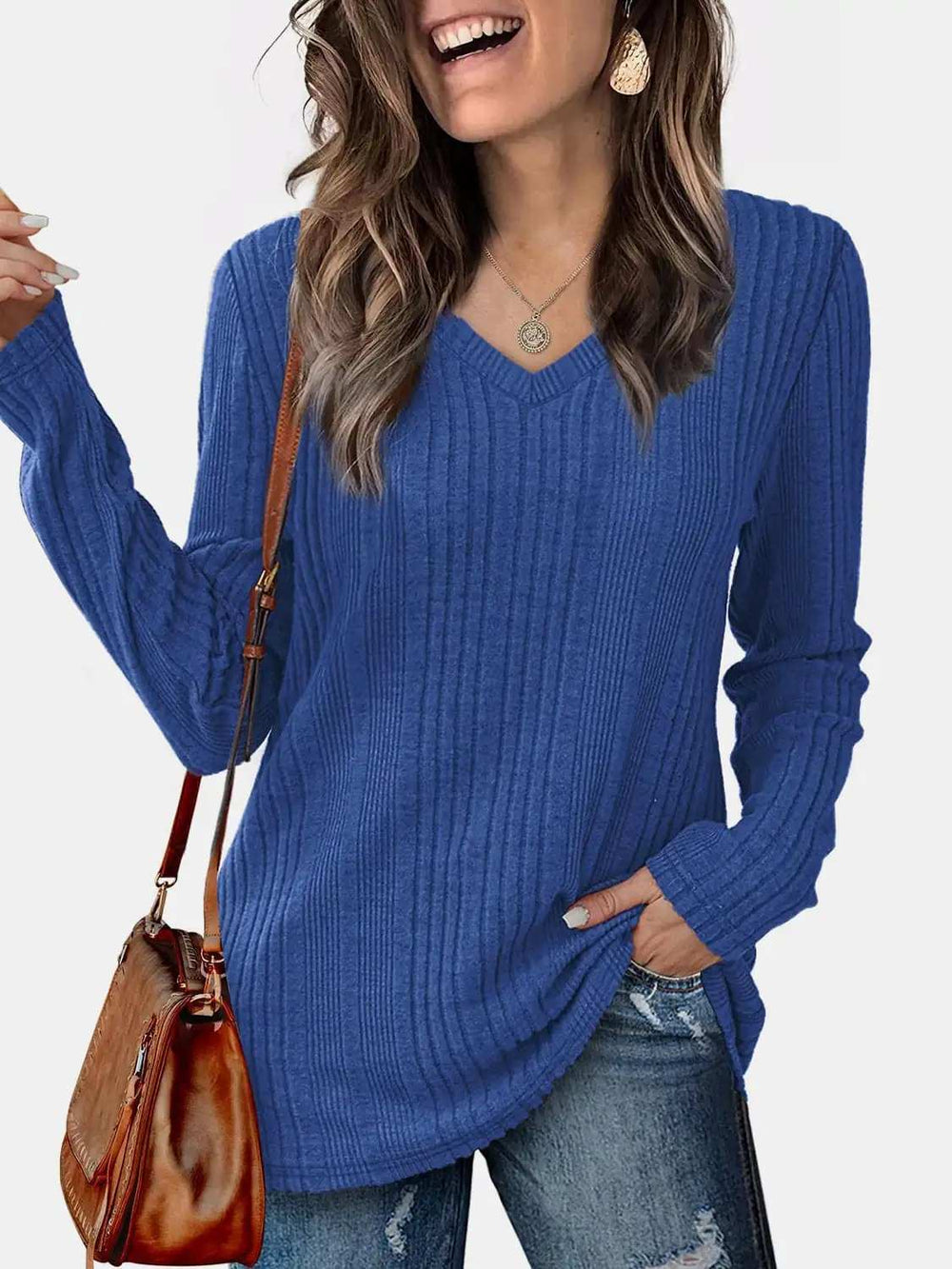 V-Neck Long Sleeve T-Shirt - Trendsi - Flyclothing LLC