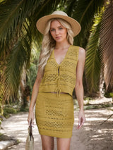 Openwork V-Neck Top and Skirt Knit Cover Up Set - Trendsi - Flyclothing LLC
