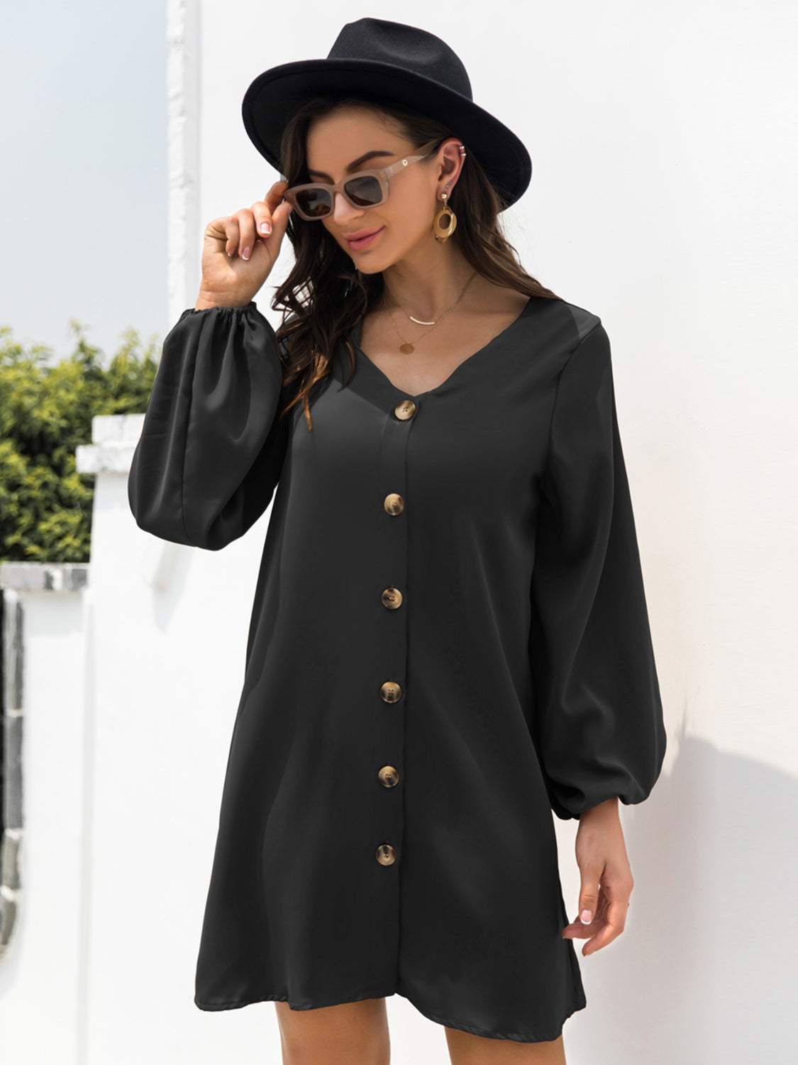 V-Neck Long Sleeve Mini Dress - Trendsi - Flyclothing LLC