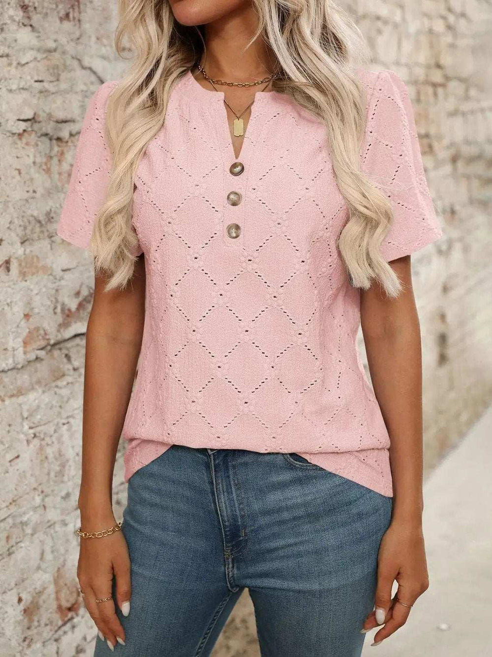 Eyelet Notched Short Sleeve Top - Trendsi - Flyclothing LLC