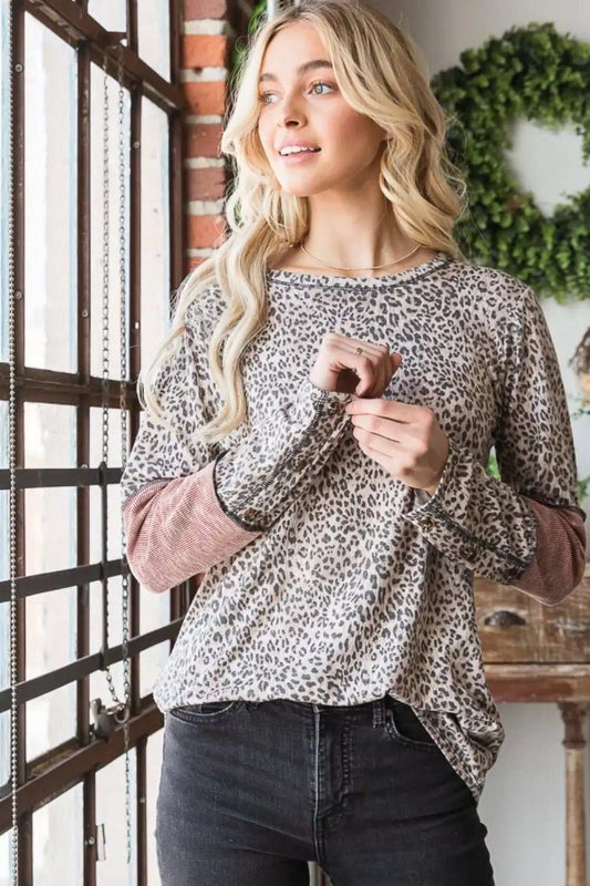Heimish Full Size Leopard Exposed Seam Contrast T-Shirt - Trendsi - Flyclothing LLC