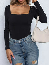 Square Neck Long Sleeve Bodysuit - Trendsi - Flyclothing LLC