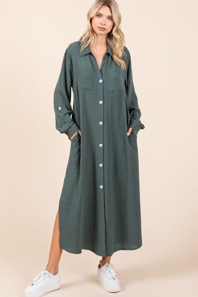 Mittoshop Airflow V-Neck Long Sleeve Button Down Maxi Dress - Trendsi