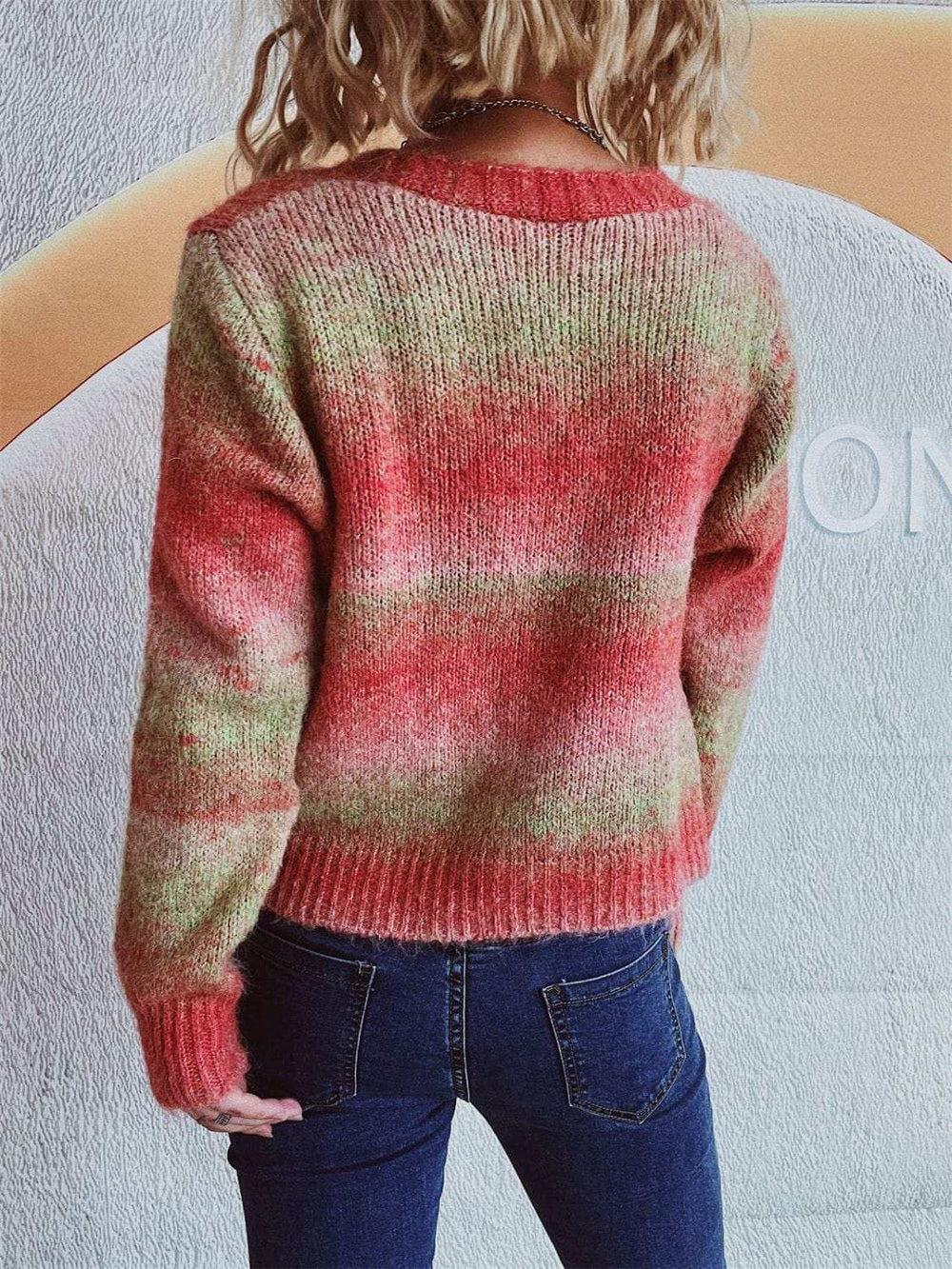 Gradient Heart Shape Button V-Neck Cardigan - Trendsi - Flyclothing LLC