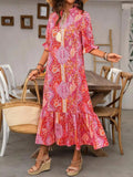 Printed Tie Neck Flounce Sleeve Midi Dress - Trendsi