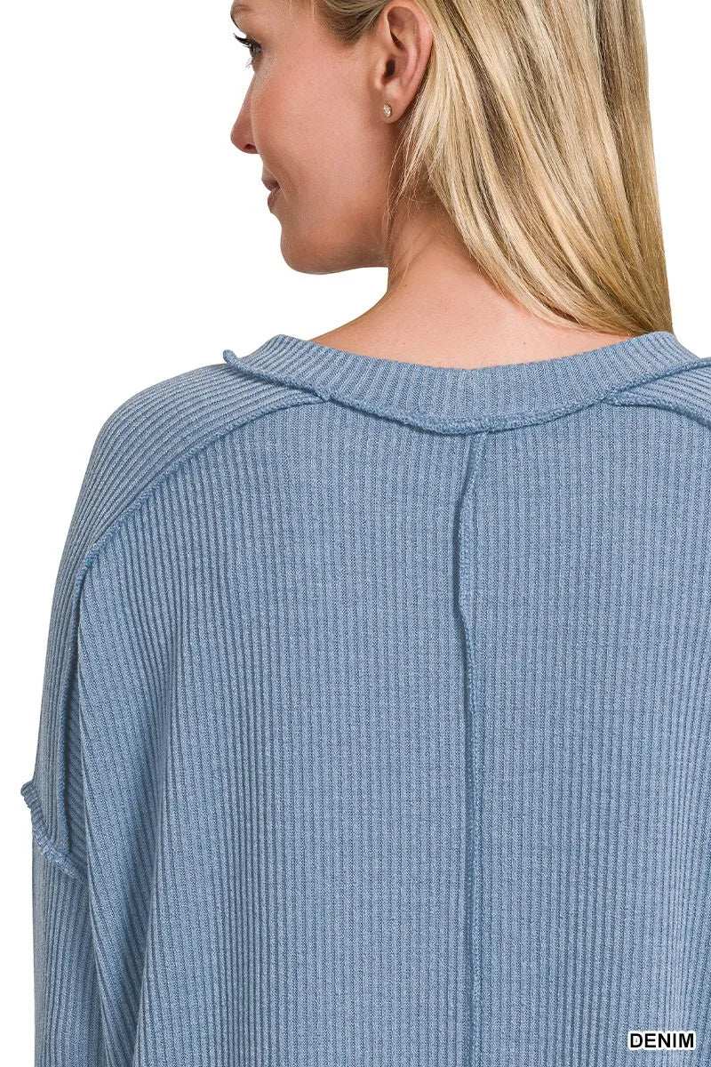 Zenana Ribbed Drop Shoulder Round Neck Sweater - Trendsi - Flyclothing LLC