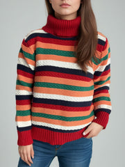 Contrast Stripes Turtleneck Long Sleeve Sweater - Trendsi