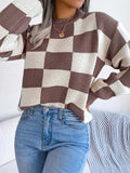 Checkered Mock Neck Long Sleeve Sweater - Trendsi - Flyclothing LLC