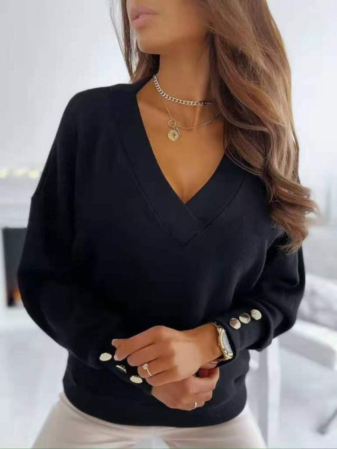 V-Neck Long Sleeve Sweatshirt - Trendsi - Flyclothing LLC