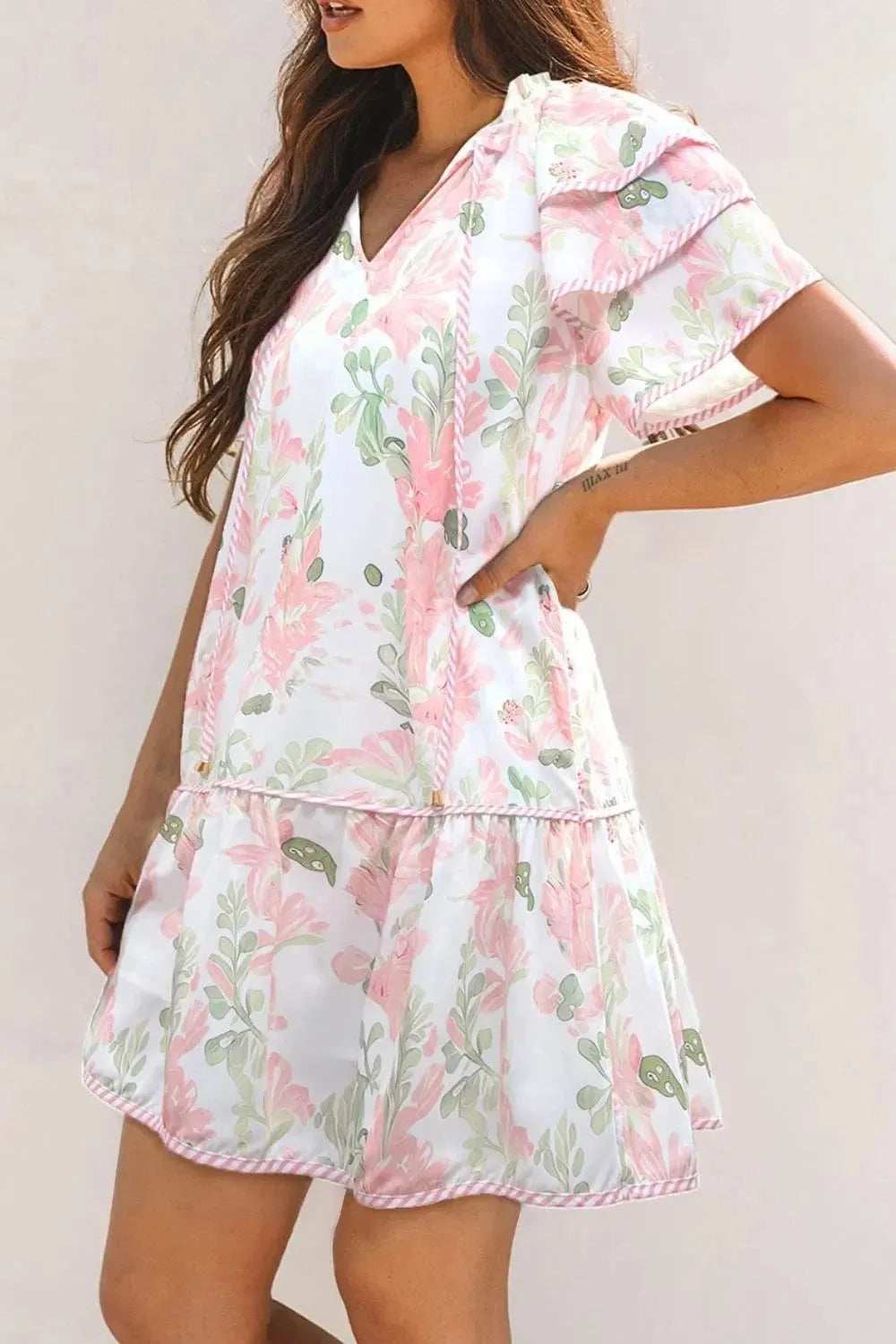 Floral Contrast Edge Layered Short Sleeve Mini Dress - Trendsi - Flyclothing LLC
